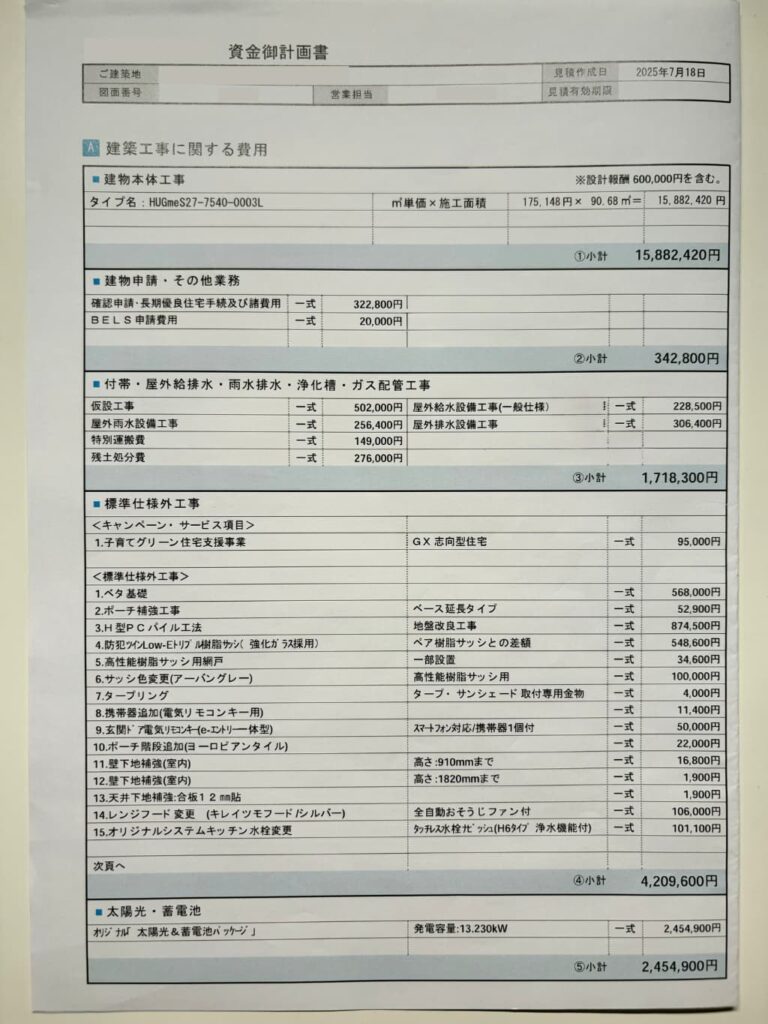 一条工務店ハグミーの見積書1ページ目、建築工事に関する費用の内訳